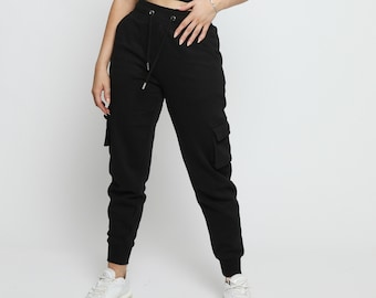 Women's Black Tapered Cargo Joggers: High Waisted Utility Trousers