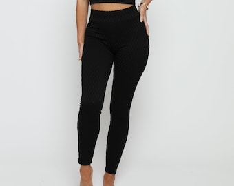 Leggings pretas com efeito bolha: calças de ioga de cintura alta