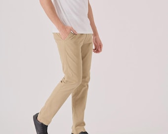 Men's Beige Slim Fit Stretch Chino Pants: Cotton Twill Trousers