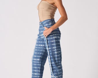 Rechte denimjeans dames met print - blauw