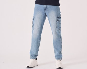 Cargo Pants Relaxed Fit Jeans Mid Blue Wash Fashion Jeans Vintage Cargo Pants Streetwear Pants