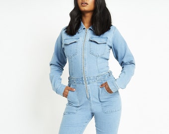 Ladies Long Sleeved Denim Jumpsuit Light Blue Wash |Womens Dungarees Jumpsuit | Wide Leg Jumpsuit | Denim Jumpsuit