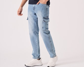 Relaxed Fit Denim Cargo Pants: Mid Blue Wash, Vintage Style