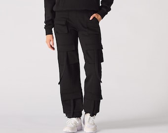 Black Cargo Joggers: Straight Leg Trousers with Tassel Detail
