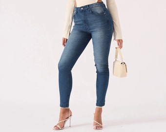 Mid Blue Wash Skinny Jeans for Women, High Waist Stretch Denim Pants, Y2K Style, Casual Slim Fit, Straight Hem, Gift for Women