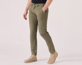 Olive Green Stretch Chino Pants: Mens Regular Fit Cotton Trousers