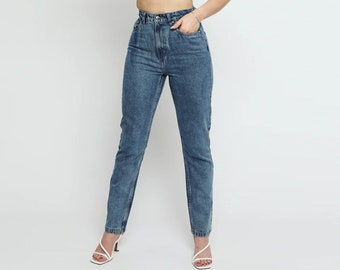 Steenblauwe damesjeans met hoge taille en rechte pijpen – relaxte pasvorm vintage denim