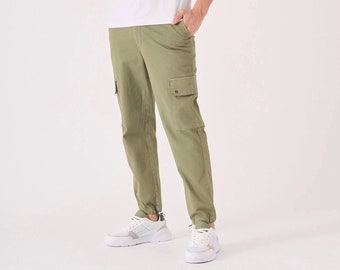 Men's Olive Green Cargo Joggers: Cotton Techwear Sweatpants