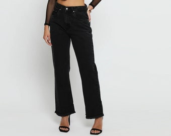 Womens Pants Frayed Hem Denim Black Wash | Baggy jeans | Gift for Women | New Jeans