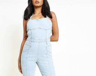 Women's Dungarees Jumpsuit | Sleeveless Jumpsuit Light Blue Wash | Romper Women | Formal Jumpsuit | Sleeveless Denim Jumpsuit | Boho Outfit