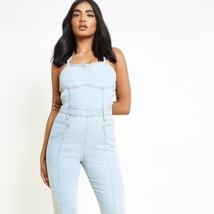 Women&#39;s Dungarees Light Wash | Sleeveless Jumpsuit Light Blue Wash | Holiday Outfit | Formal Jumpsuit | Strappy Denim Jumpsuit