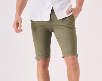 Men's Slim Fit Khaki Chino Shorts: Stretch Cotton Cargo Style