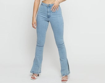 Women's Light Wash Split Hem Flare Jeans – Stretch Denim Bell Bottoms