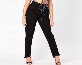 Jeans voor dames, trendy denim zwarte damesbroek met gerafelde zoom