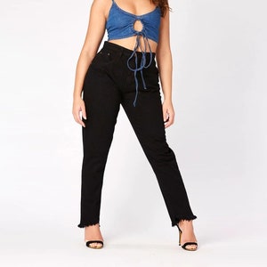 Jeans voor dames, trendy denimzwart met gerafelde zoom | Damesbroeken | Nieuwe spijkerbroek