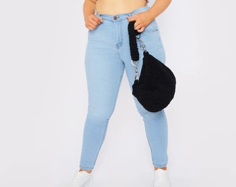 Plus Size High Waisted Skinny Jeans: Light Blue Stretch Denim