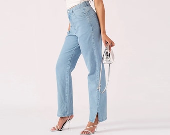 High Waisted Light Blue Wash Jeans: Women's Slim Fit Denim