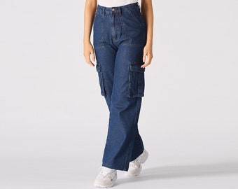 High Waisted Cargo Pants Blue Wash | Women Denim Jeans | Wide Leg Jeans | Fashion Jeans Women | Y2k Cargo Pants | Vintage High Waisted Jeans