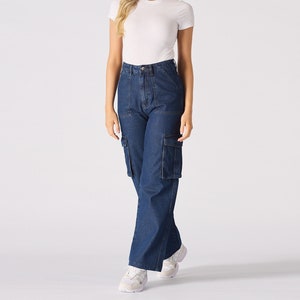 High Waisted Cargo Pants Blue Wash Women Denim Jeans Wide Leg Jeans Fashion Jeans Women Y2k Cargo Pants Vintage High Waisted Jeans image 1