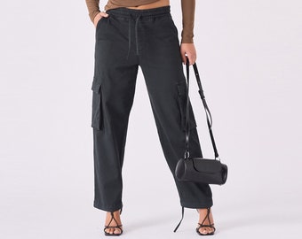 Women's Straight Leg Cargo Jogger - Black | Multi-Pocket Work Cargo Trousers | Street Style | Comfortable Jogger Pants