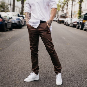 Slim Fit Stretch Cotton Chino Trousers - Brown Casual Pants