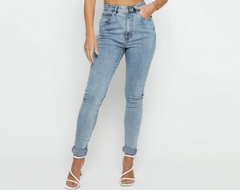 High Waisted Stone Blue Skinny Jeans | Stretch Denim, Women's High-Rise Slim Fit Pants, Casual Curvy Fit, Summer Fashion, Gift for Women