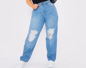 High Waisted  Straight Leg Ripped  Jean Mid Blue Wash