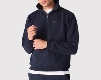 Embroidered Quarter Zip Sweatshirt: Navy Blue Funnel Neck
