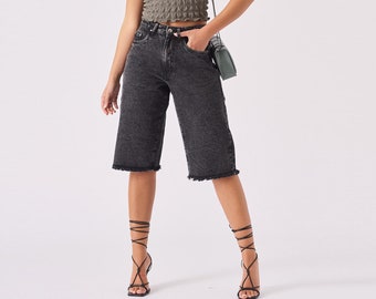 Black Acid Wash Denim Bermuda Shorts: High Waisted Frayed Hem