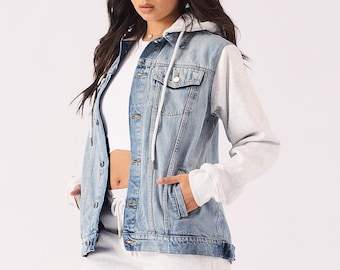 Denim Zip up Shirt Jacket 90s Vintage Plaid + Jean Hooded