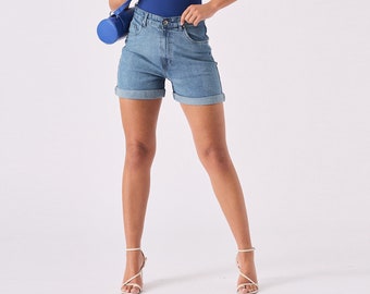 Women Shorts High Waisted Turn Up Mom Mid Blue Wash | Denim Shorts | Ladies Gifts