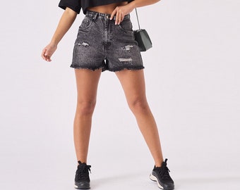 Women Shorts High Waist Ripped Frayed Hem Denim Mom Black Acid Wash | Vintage Shorts