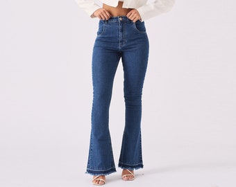 High Waist Jeans Frayed Flare Mid Blue | Flare Jeans | Pants Women | Blue Jeans | Gifts