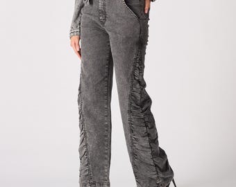 Geraffte Grey Wash Jeans mit weitem Bein, Stretch-Denim-Hose mit hoher Taille