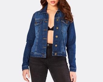 Women Streetwear Denim Jacket Dark Blue | Trucker Jacket Women | Vintage Denim Jacket | Long Sleeve Jacket