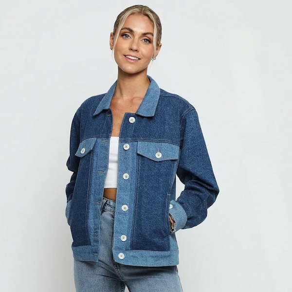 Denim Jacket Contrast Panel Mid Blue | Jacket for Women | Vintage Jacket | Ladies Gifts