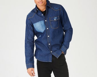 Summer Shirt Slim Fit Distressed Denim Shaded Indigo Blue | Mens Shirts | Gift for Men