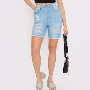 Light Wash Women High Waisted Distressed Shorts | Frayed Hem Denim Shorts | Vintage Shorts | Gift for Her