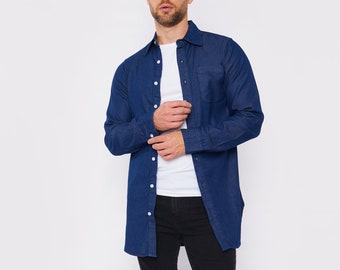 Slim Fit Longline Denim Shirt - Dark Blue Cotton Summer Shirt