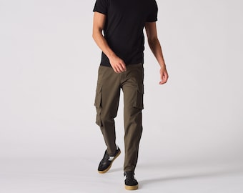Men's Slim Fit Green Cargo Chino Pants, Adjustable Waist Trousers