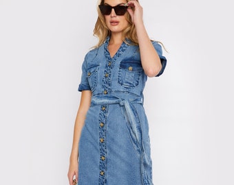 Short Sleeve Belted Wrap Tie Denim Dress - Stone Blue Wash