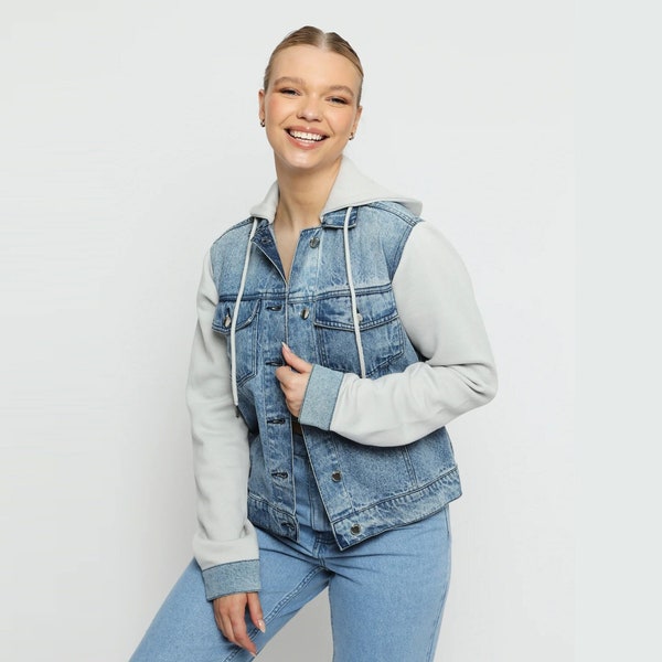 Fleece Hooded Denim Jacket Mid Length Women Clothing, Women's Mid Blue Casual Jean Jacket, Girls Denim Streetwear Outerwear Workwear