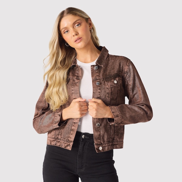 Veste Trucker Femme Marron | Veste en jean vintage | Veste classique | Veste en jean pour femme | Veste décontractée en coton | Veste effet vieilli