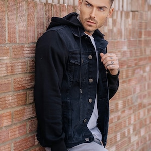 Hooded Jean Jacket Men Etsy
