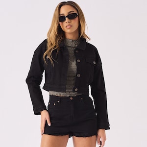 Crop Jacket For Women | Crop Denim Jacket Black | Retro Cropped Jean Jacket | Button Up Jacket Women | Cropped Jacket