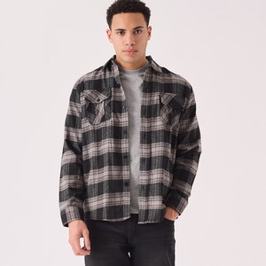 Check Shirt Plaid Flannel Stylish Black Grey Summer Shirt Long Sleeve Denim Shirt Gift for Men image 1