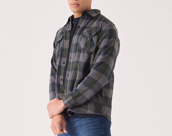 Summer Shirt Plaid Flannel Grey Olive Button | Check Shirt | Mens Shirts | Gift for Men
