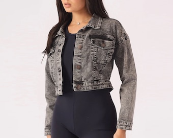 Cropped Black Acid Wash Denim Trucker Jacket