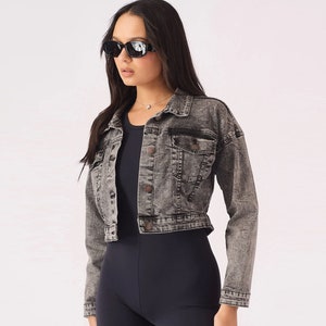 Cropped Denim Jacket Black Acid Wash | Trucker Jacket | Black Wash Denim Jacket | Gifts for Her