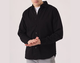 Slim Fit Black Denim Shirt for Men, Long Sleeve Cotton Casual Dress Shirt, Smart Casual Office Wear, Versatile Best Gift for Men